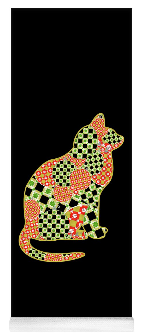 Cat; Cat Lover; Merry Christmas; Christmas; Happy Christmas Yoga Mat featuring the digital art Quilted Christmas Cat in Red Green and Gold by Marianne Campolongo