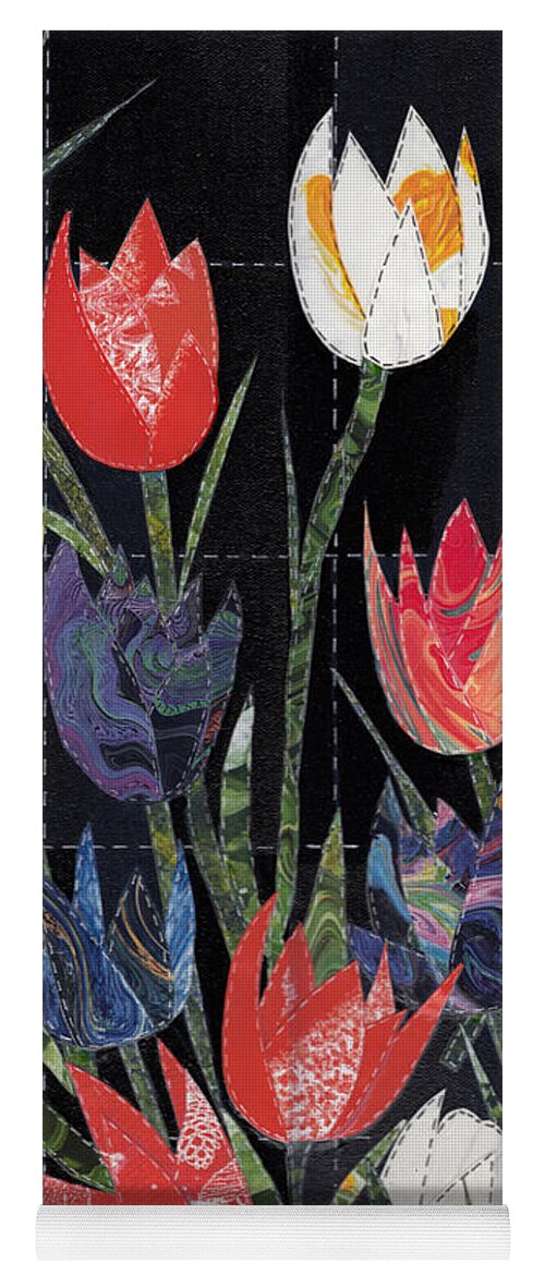 Tulips Yoga Mat featuring the mixed media Quilting My Past Recycling My Dreams Tulip Quilt by Conni Schaftenaar