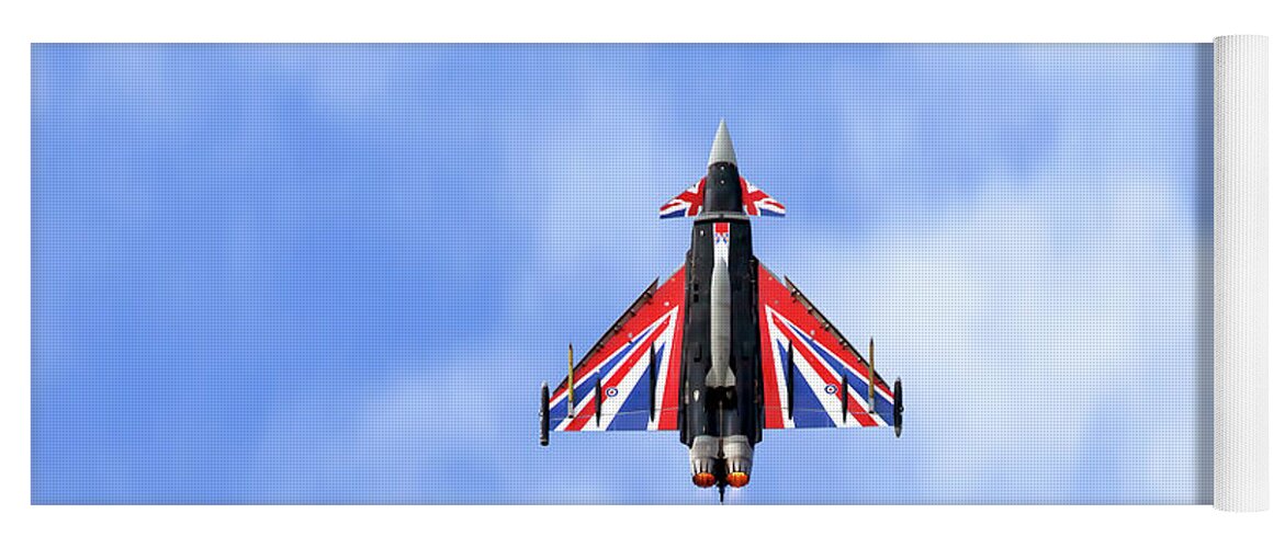 Raf Yoga Mat featuring the photograph RAF Typhoon Eurofighter union jack flying by Simon Bratt