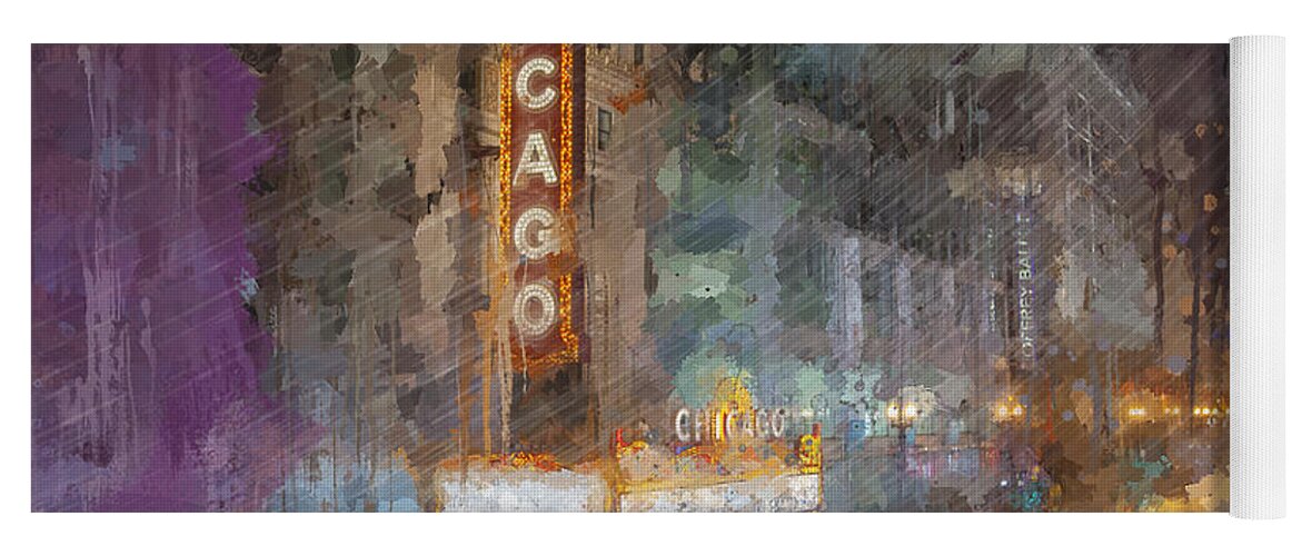 Chicago Theater Yoga Mat featuring the digital art Rainy Night State Street Chicago by Glenn Galen
