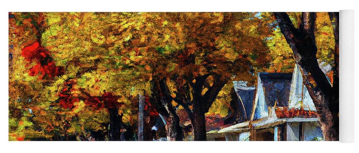 Row Of Houses Yoga Mat featuring the digital art Rainy October Day by Alison Frank