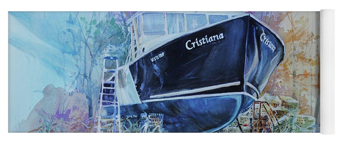 Lobster Boat Yoga Mat featuring the painting Readying Cristiana by P Anthony Visco