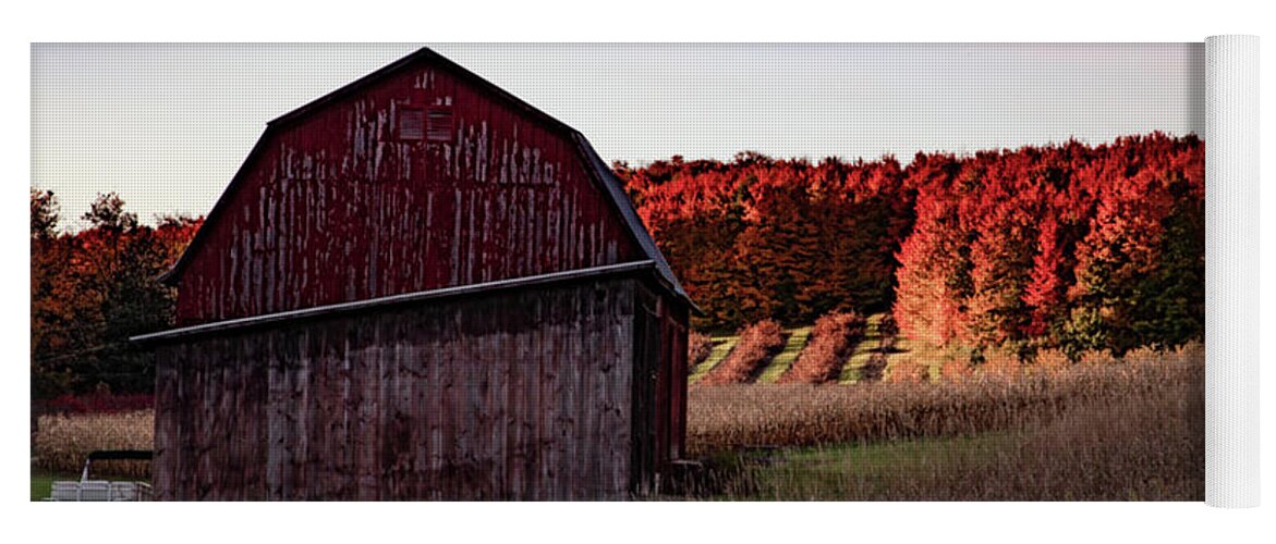 Michigan Fall Yoga Mat featuring the photograph Red barn at sunrise with fall colors in northern Michigan by Eldon McGraw