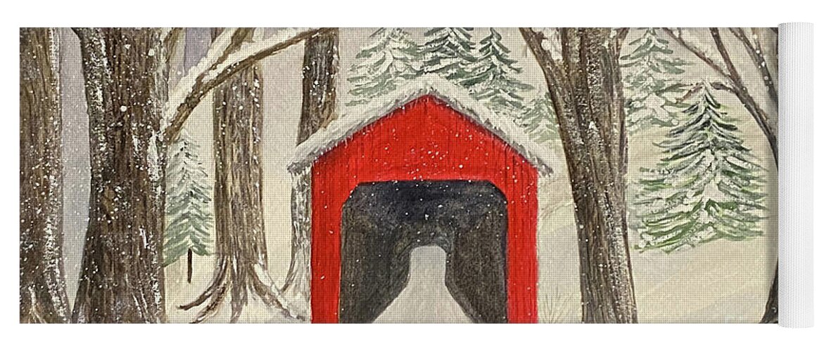 Covered Bridge Yoga Mat featuring the painting Red Bridge in the Snow by Lisa Neuman