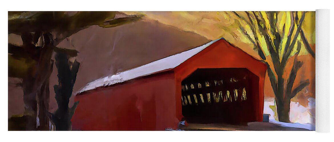 Covered Bridge Yoga Mat featuring the digital art Red Covered Bridge in the Winter by Alison Frank