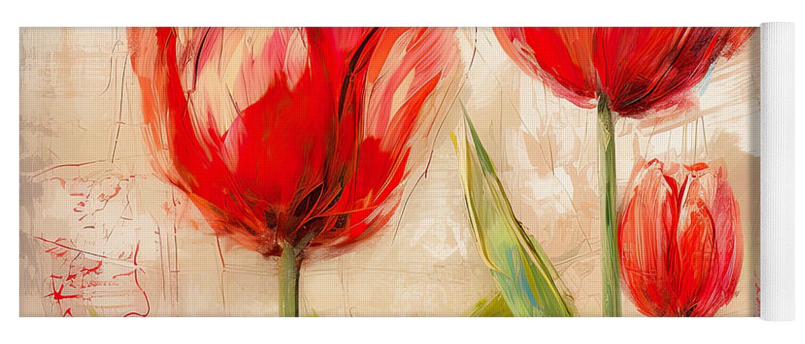 Red Tulips Yoga Mat featuring the painting Red Enigma- Red Tulips Paintings by Lourry Legarde
