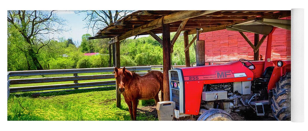 255 Yoga Mat featuring the photograph Red Massey Ferguson Tractor at the Farm by Debra and Dave Vanderlaan