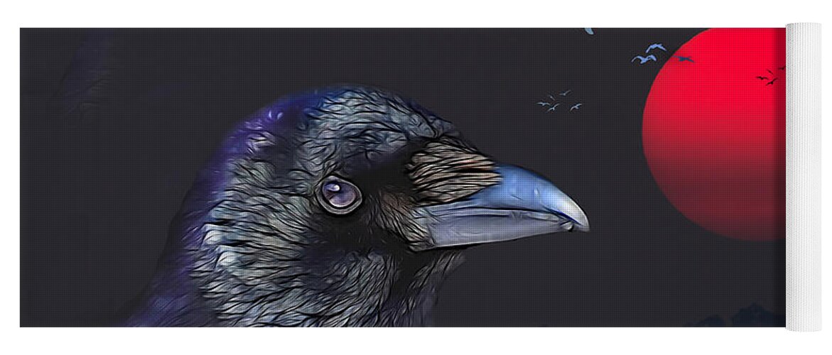 Raven Yoga Mat featuring the digital art Red Moon Raven by Theresa Tahara