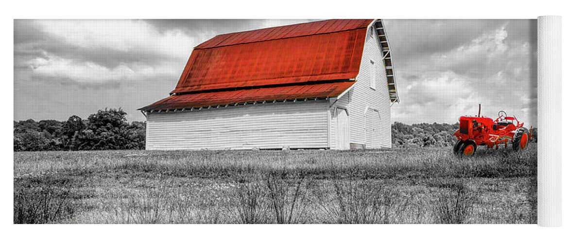 Red Yoga Mat featuring the photograph Red Roof Barn and Red Tractor Black and White and Red by Debra and Dave Vanderlaan