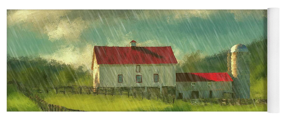 Barn Yoga Mat featuring the digital art Red Roof Barn In Spring Rain by Lois Bryan