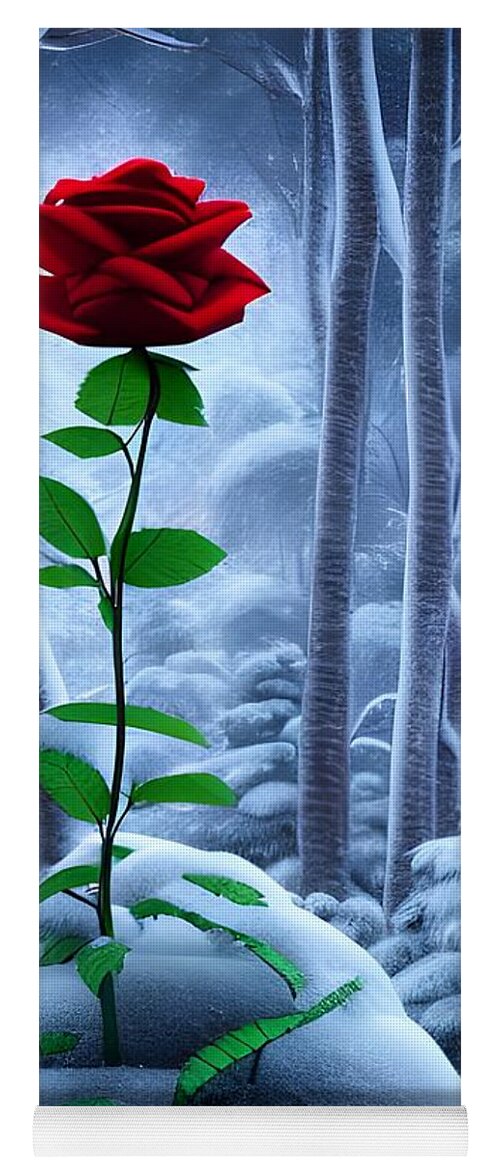 Digital Yoga Mat featuring the digital art Red Rose in the Snow by Beverly Read