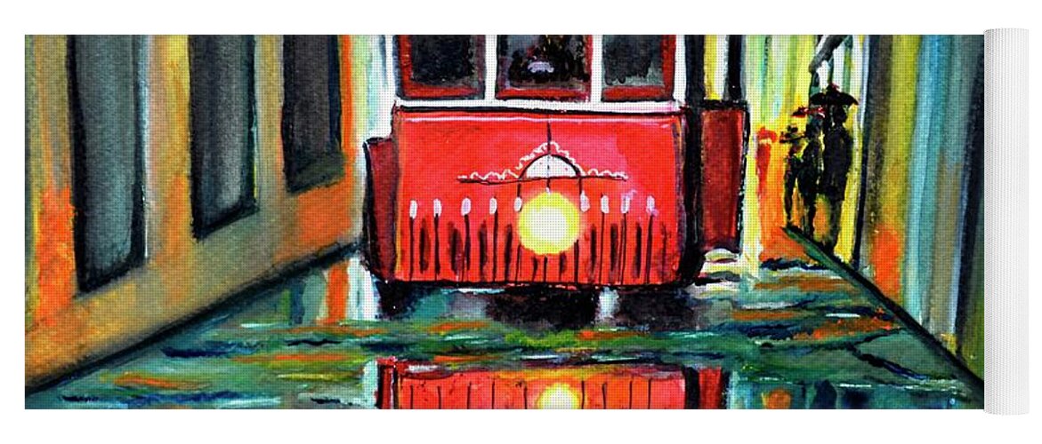 Redtram Yoga Mat featuring the painting Red Tram Rainy landscape by Manjiri Kanvinde