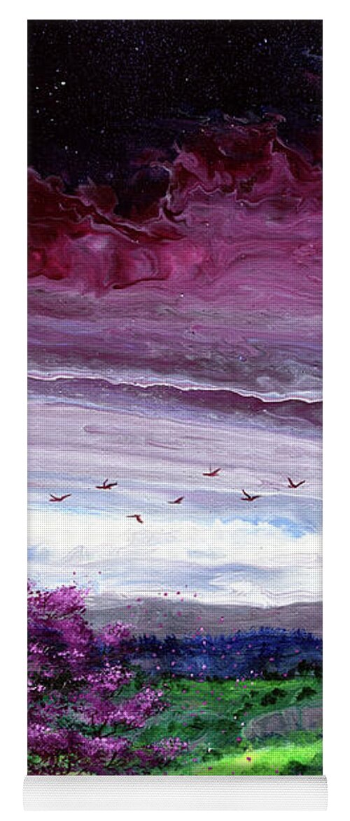Redbud Yoga Mat featuring the painting Redbud Tree Over a Twilight Vista by Laura Iverson