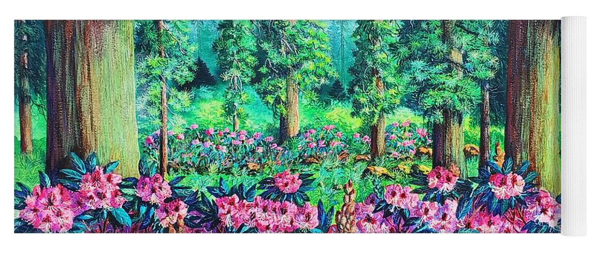 Redwoods Yoga Mat featuring the painting Redwoods and rhododendrons by Diane Phalen