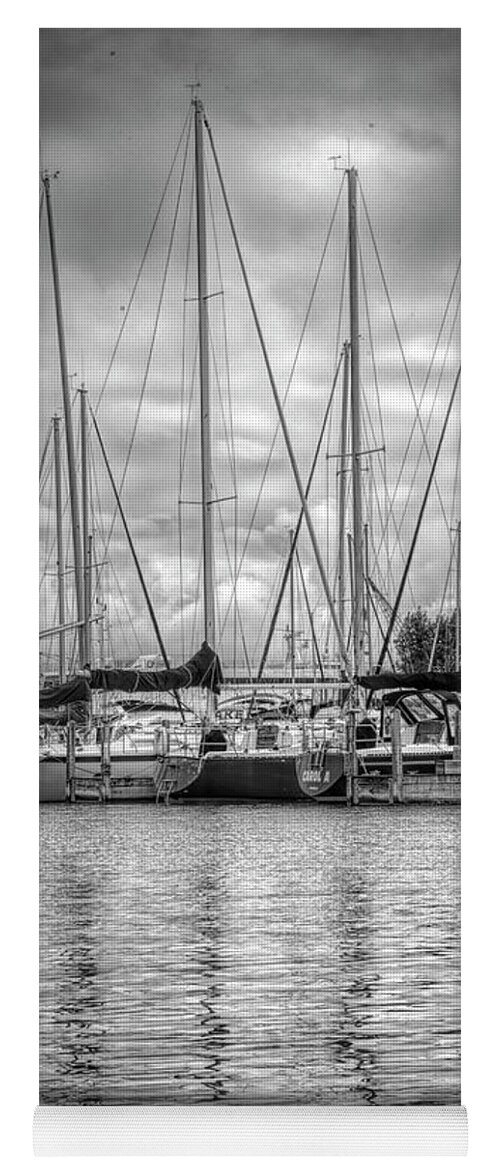 Boats Yoga Mat featuring the photograph Reflections and Boats at the Harbor in Black and White by Debra and Dave Vanderlaan