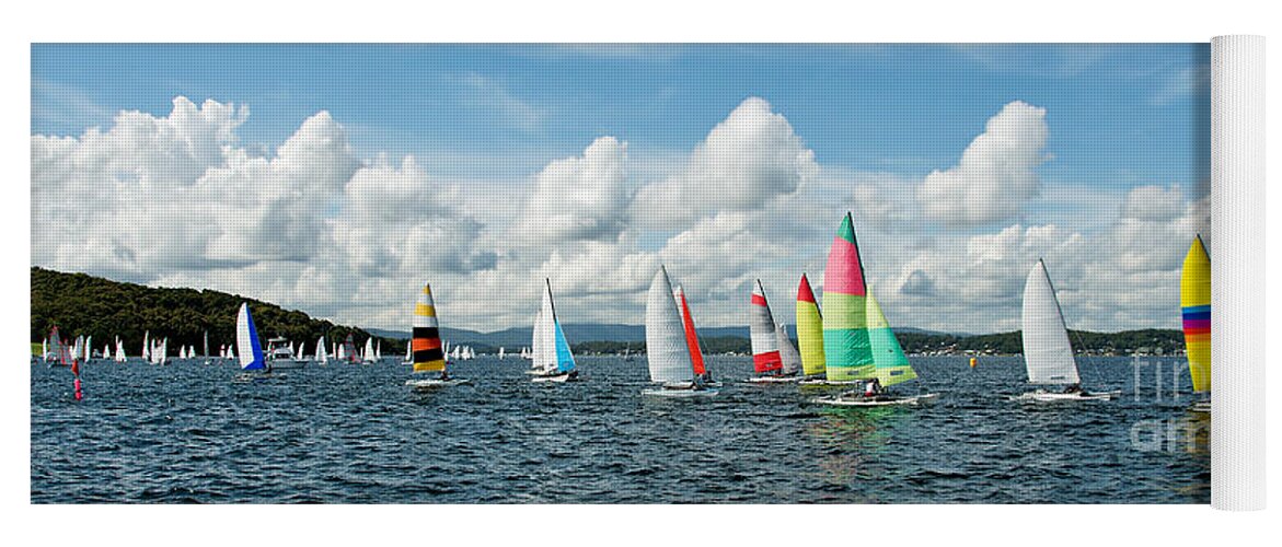 Dinghies Yoga Mat featuring the photograph Regatta Panorama. Children Sailing small sailboats Catamarans wi by Geoff Childs