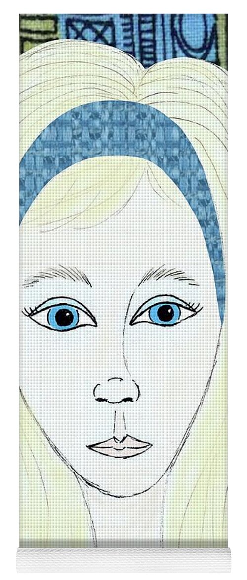 Retro Portrait Yoga Mat featuring the mixed media Retro Face in Blue by Donna Mibus