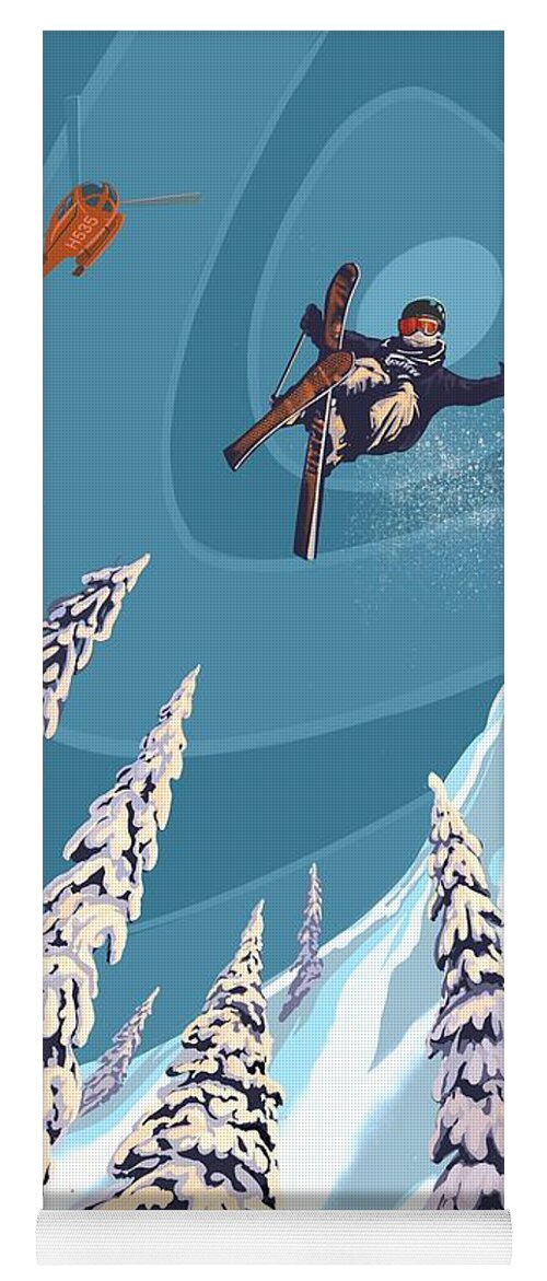 Retro Ski Art Yoga Mat featuring the painting Retro Ski Jumper Heli Ski by Sassan Filsoof