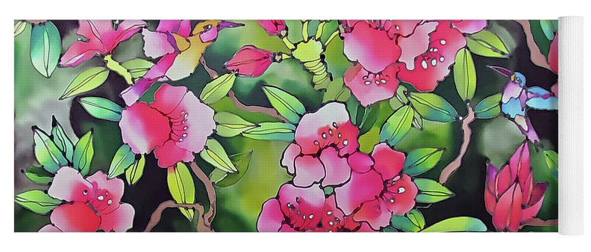 Hand Painted Silk Scarves Yoga Mat featuring the tapestry - textile Rhododendron with hummingbirds by Karla Kay Benjamin