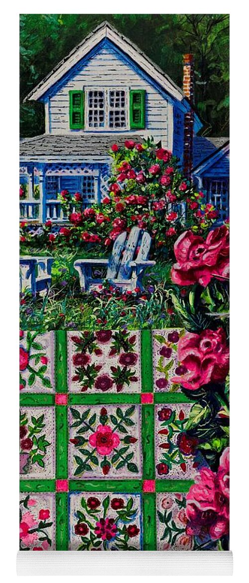 A Patchwork Quilt Of Traditional Rose Patterns In A Rose Garden With Hummingbirds Yoga Mat featuring the painting Rose Garden by Diane Phalen