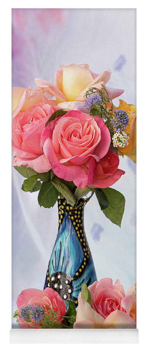 Roses Yoga Mat featuring the photograph Roses in a Blue Vase by Vanessa Thomas