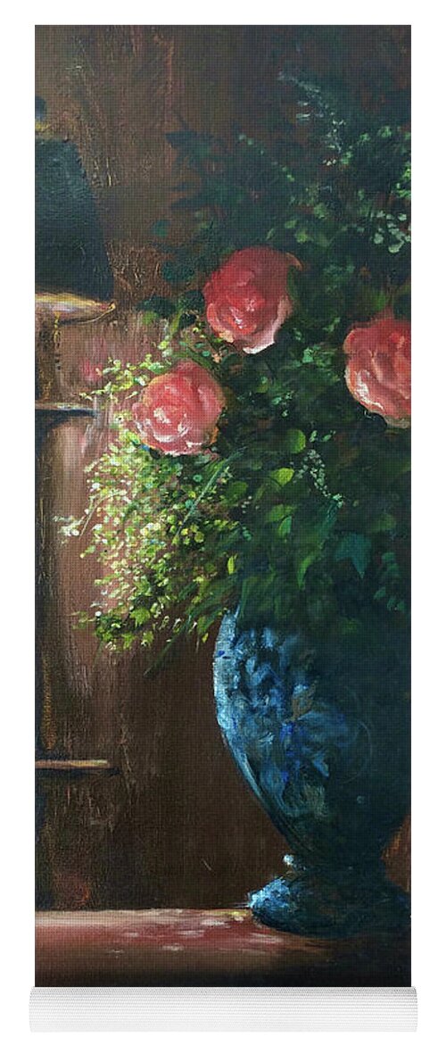 Roses Yoga Mat featuring the painting Roses in a Blue Vase by Lizzy Forrester