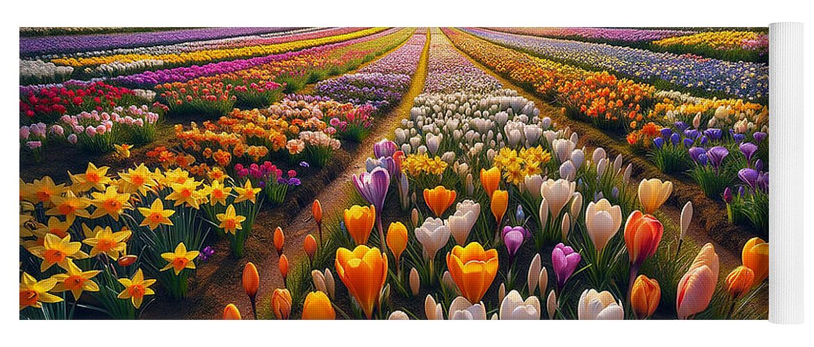 Tulips Yoga Mat featuring the digital art Rows of colorful tulips and other flowers by Odon Czintos