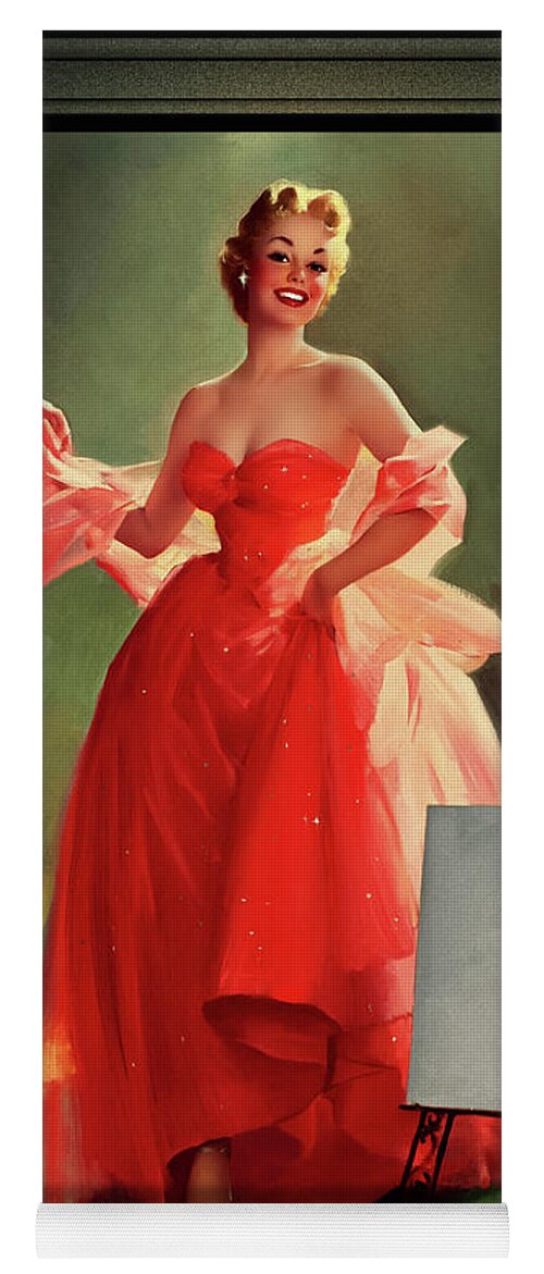 Runway Model Yoga Mat featuring the painting Runway Model In A Pink Dress by Gil Elvgren Pin-up Girl Wall Decor Artwork by Rolando Burbon