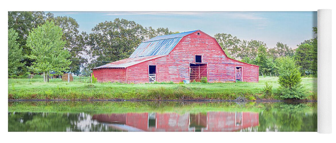 Red Barn Yoga Mat featuring the photograph Rural Country Red Barn Reflections by Jordan Hill