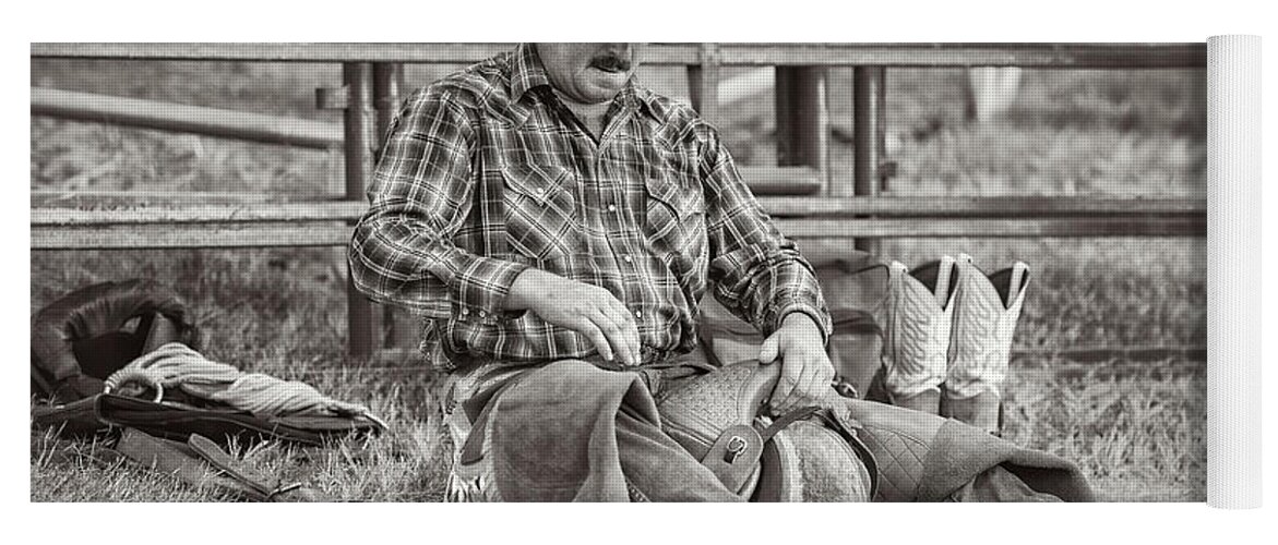 Rodeo Yoga Mat featuring the photograph Saddle Bronc Cowboy by Fon Denton
