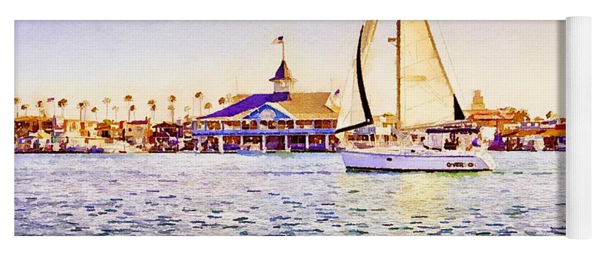 Travel Destination Yoga Mat featuring the mixed media Sailboat at Newport Beach Watercolor by Susan Rydberg