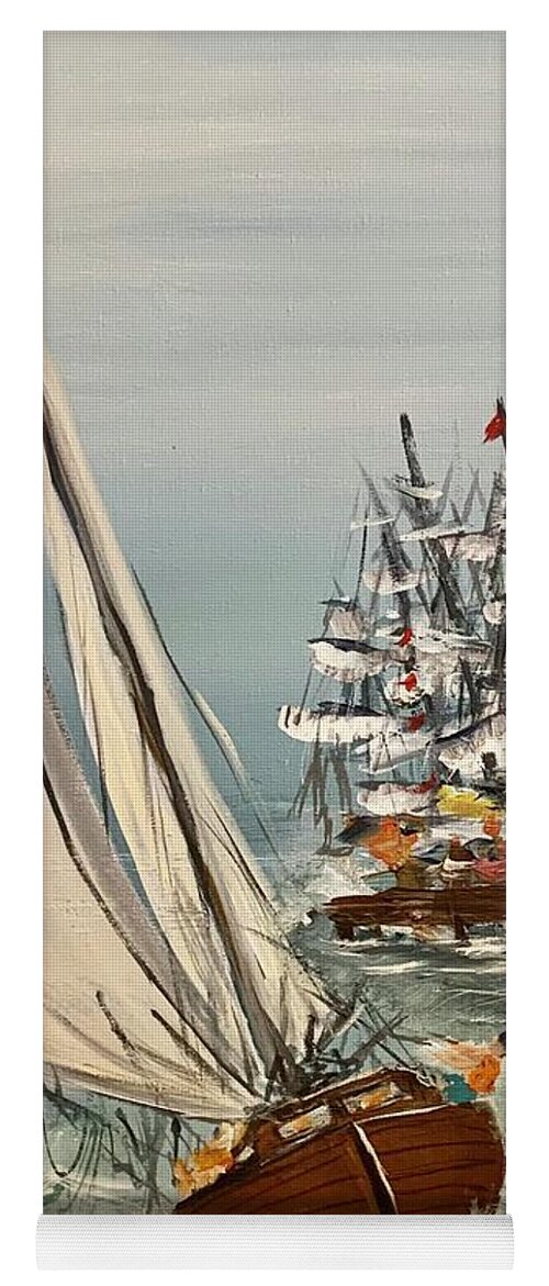 Miroslaw Chelchowski Acrylic Painting Print Sailing Boat Ocean Marina Boats Waves Seagull Sailors Wind Blue Sky Seascape Flag Colors Water Yoga Mat featuring the painting Sailing Boat by Miroslaw Chelchowski