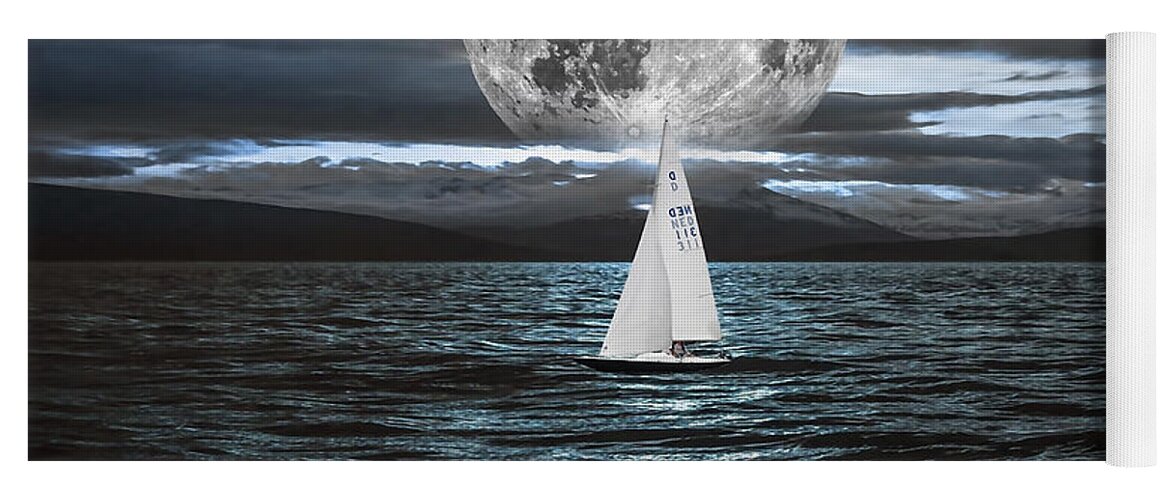 Blue Tree Yoga Mat featuring the mixed media Sailing Under The Moon by Marvin Blaine