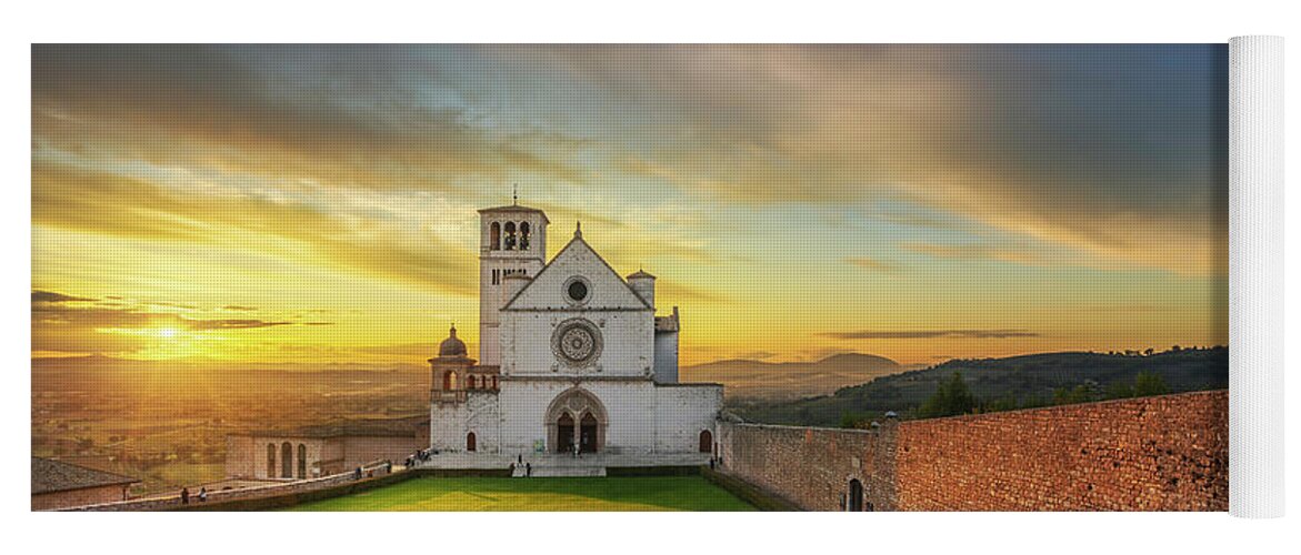 Assisi Yoga Mat featuring the photograph Saint Francis of Assisi Basilica church at sunset. Umbria, Italy. by Stefano Orazzini
