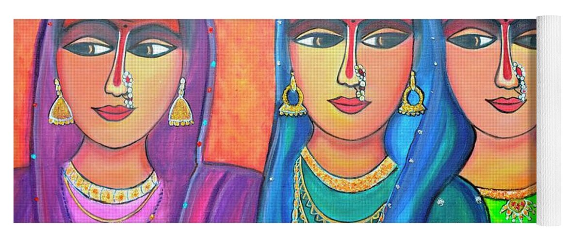 Ladies Yoga Mat featuring the painting Sakhi-Friends Forever Figure Painting On Canvas by Manjiri Kanvinde
