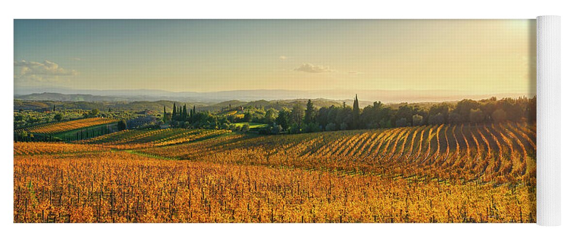 Chianti Yoga Mat featuring the photograph San Gusme, Chianti vineyards at sunset. Tuscany by Stefano Orazzini