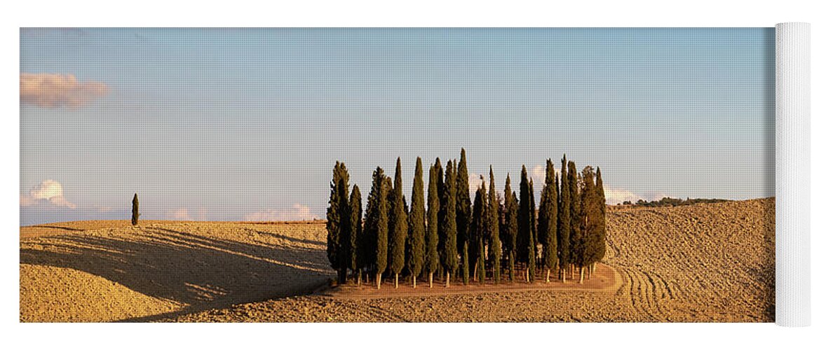 Orcia Yoga Mat featuring the photograph San Quirico famous group of cypress trees in Tuscany, by Eleni Kouri