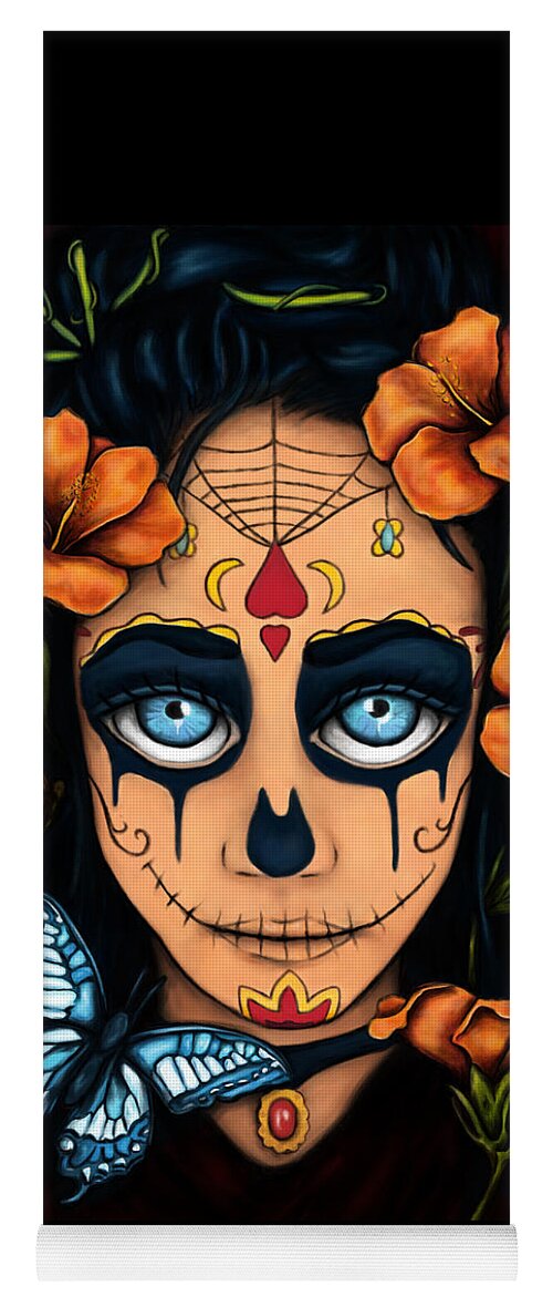 Santa Muerte Yoga Mat featuring the painting Santa muerte with flowers and butterfly portrait, Day of the dead by Nadia CHEVREL
