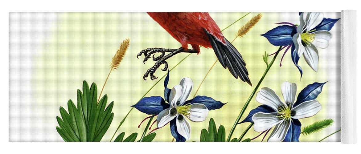 Wildlife Yoga Mat featuring the painting Scarlet Tanager and Blue Columbine by Don Balke