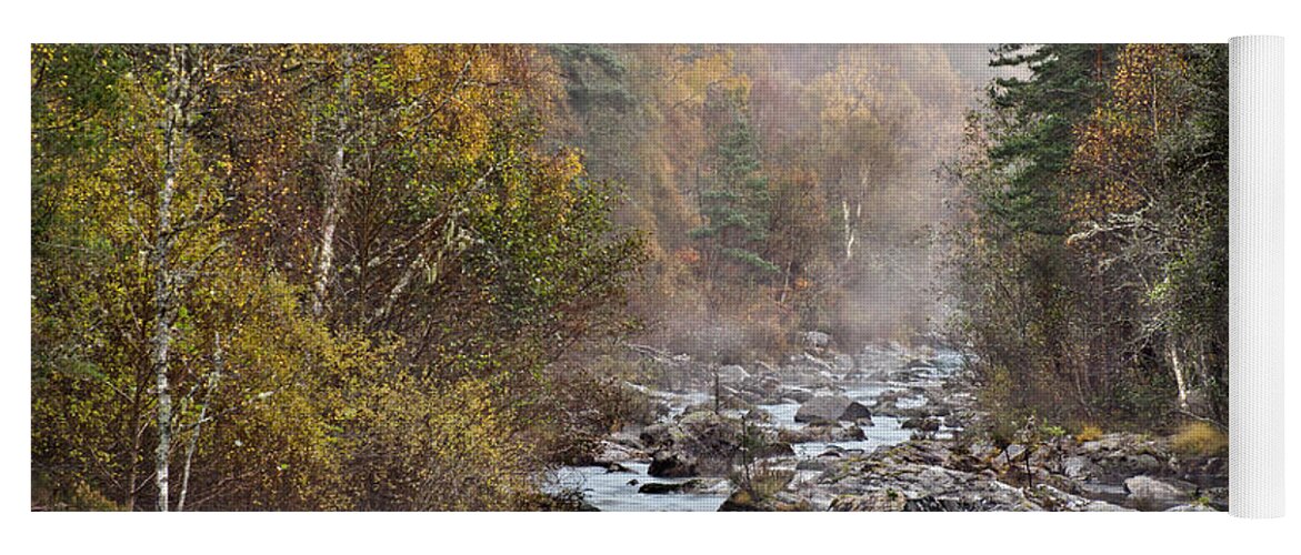 Fog Beauty Over River Scottish Golden Autumn Stones Boulders Cobbles Gravel Pebble Rocks Scree Birches Yellow Green Woods Forest Nature Elements Landscape View Scenery Water Flow Beautiful Delightful Pretty Calm Restful Relaxing Relaxation Serenity Atmospheric Aesthetic Mindfulness Magnificent Powerful Stunning Walking Art Artistic Painterly Imaginable Beauty Fresh Untouched Nobody Solitary Delicate Gentle Scotland River Scottish Highlands Uk Impression Expressive Misty Fall Vista Smart River Yoga Mat featuring the photograph Fog Beauty Over River Scottish Golden Autumn by Tatiana Bogracheva
