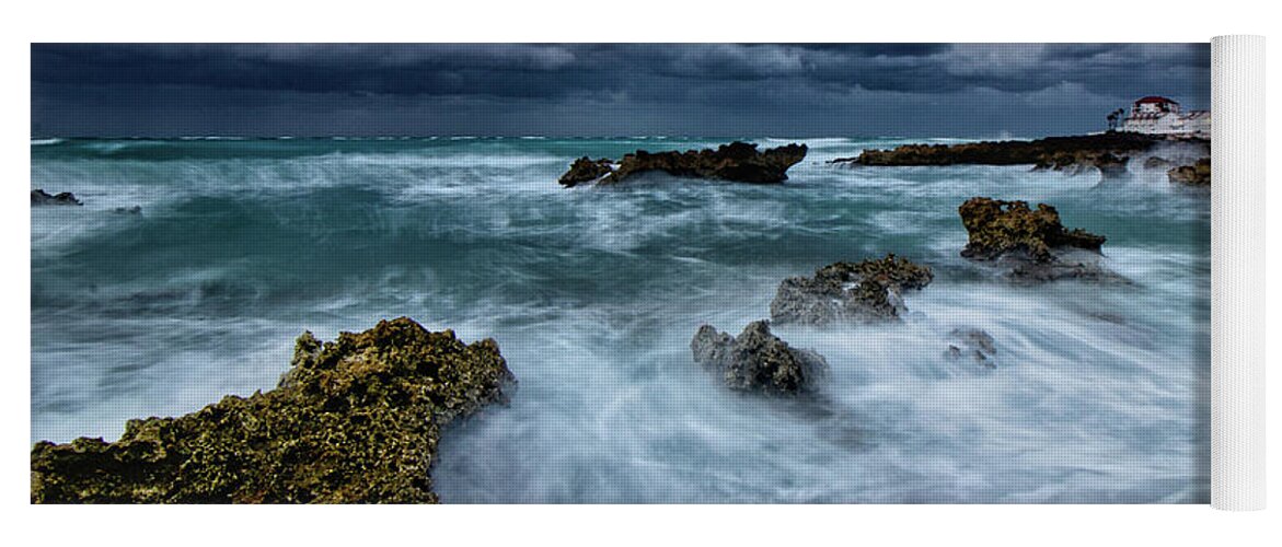 Sea Ocean Rough Weather Rocks Clouds Waves Blue Sea Surge Storm Bahamas Yoga Mat featuring the photograph Sea Break by Montez Kerr