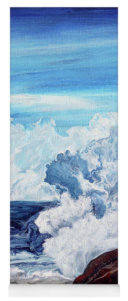 Blue Yoga Mat featuring the painting Seagulls Soar Above the Surf by Laura Iverson