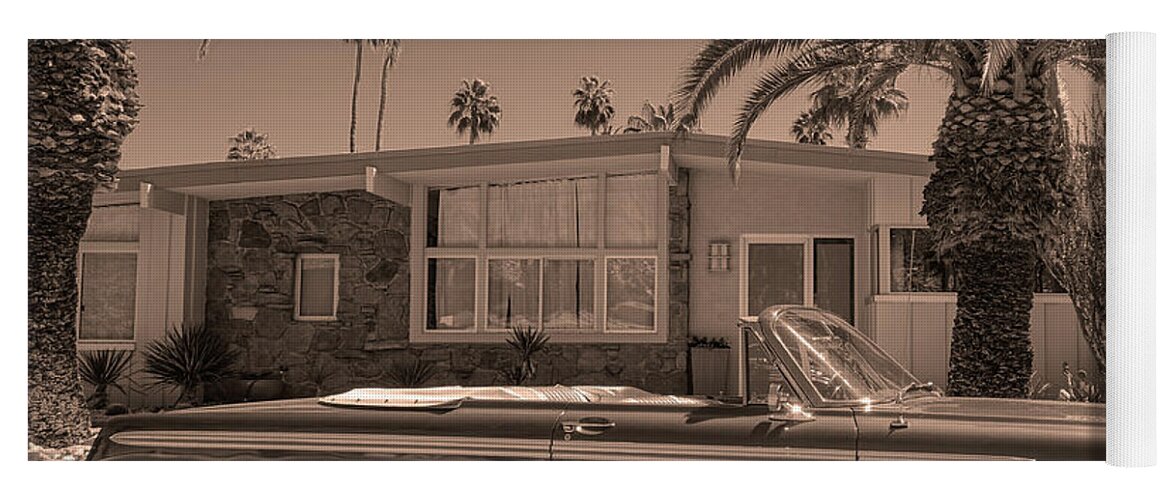 Sunliner Yoga Mat featuring the photograph Sepia-Toned Mid-Century Modern Home with Vintage Convertible in Driveway by Matthew Bamberg