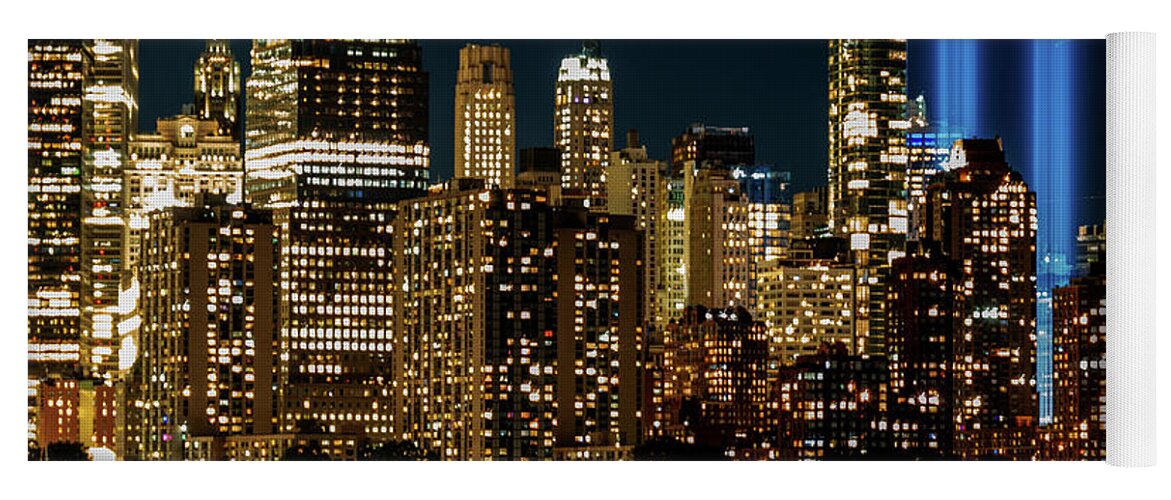 September 11 Tribute Lights Yoga Mat featuring the photograph September 11 Tribute Lights and the Lower Manhattan Skyline by Alina Oswald
