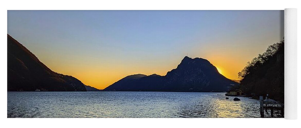 Lago Di Lugano Yoga Mat featuring the photograph Setting Behind Monte San Salvatore by Claudia Zahnd-Prezioso