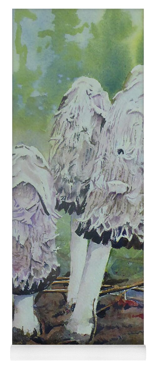 Watercolour Yoga Mat featuring the painting Shaggy Mane Mushrooms in Watercolour by Bev Morgan