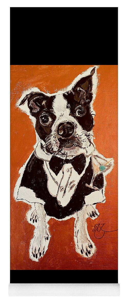 Dog Yoga Mat featuring the painting Boston Terrier BOND 007 Shaken not Stirred by Melody Fowler