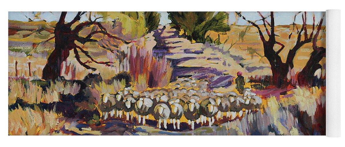 Sheep And Shepherd At Sunset Oil Painting Bertram Poole Yoga Mat featuring the painting Sheep and Shepherd at Sunset oil painting Bertram Poole by Thomas Bertram POOLE
