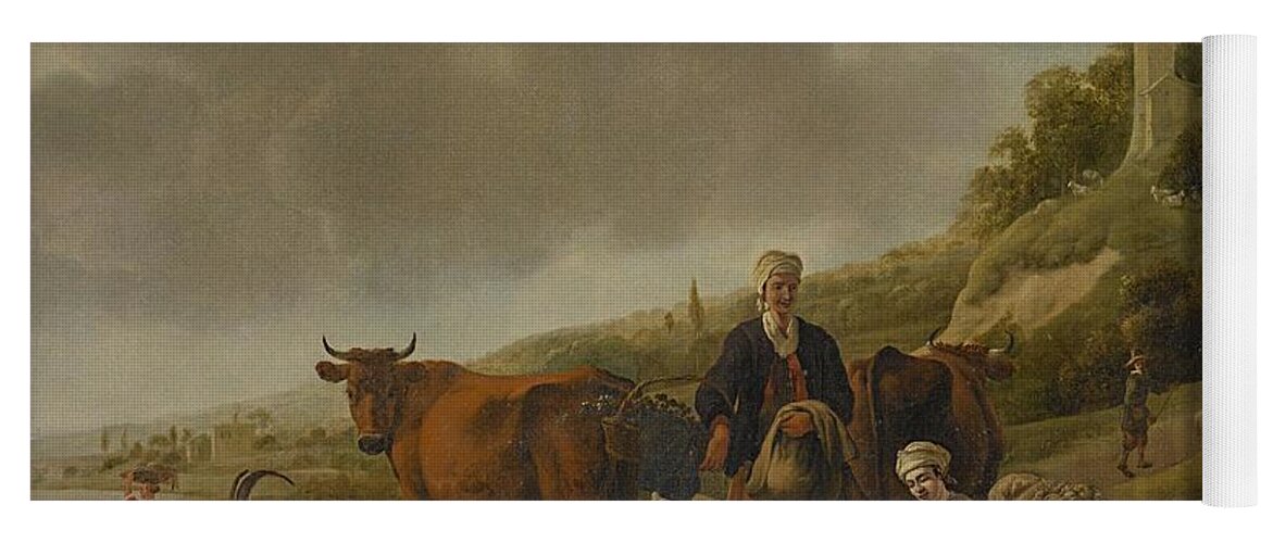 Cattle Yoga Mat featuring the painting Shepherds with their cattle in a hilly river landscape by Jan Baptist Wolfaerts