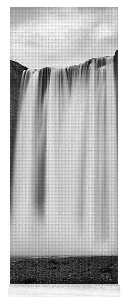 Iceland Yoga Mat featuring the photograph Skogafoss waterfall in Iceland, black and white by Delphimages Photo Creations